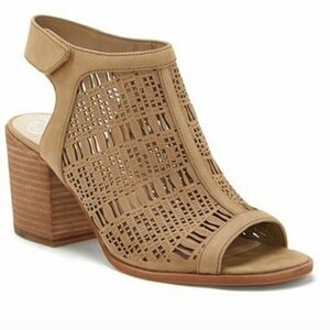 Vince Camuto Beige Laser Cut Block Heel Sandals